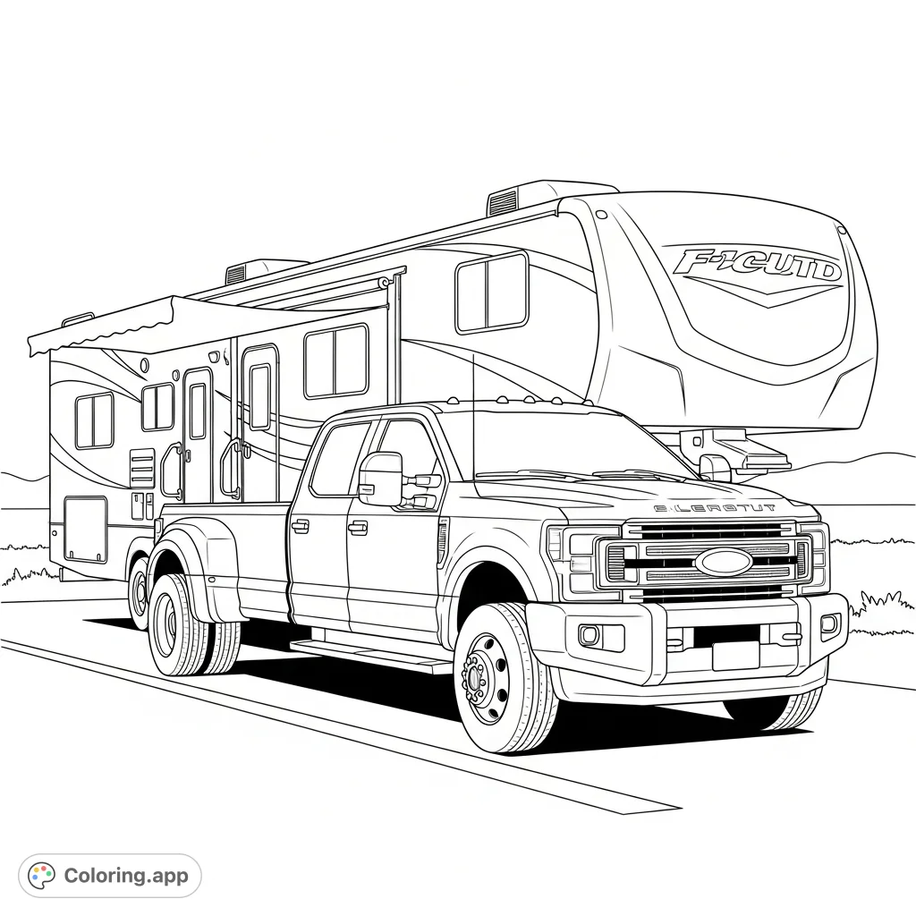 A detailed Ford F-450 truck hitched to an impressive 45-foot camper, ready for adventure on an open road. Perfect for vehicle enthusiasts!