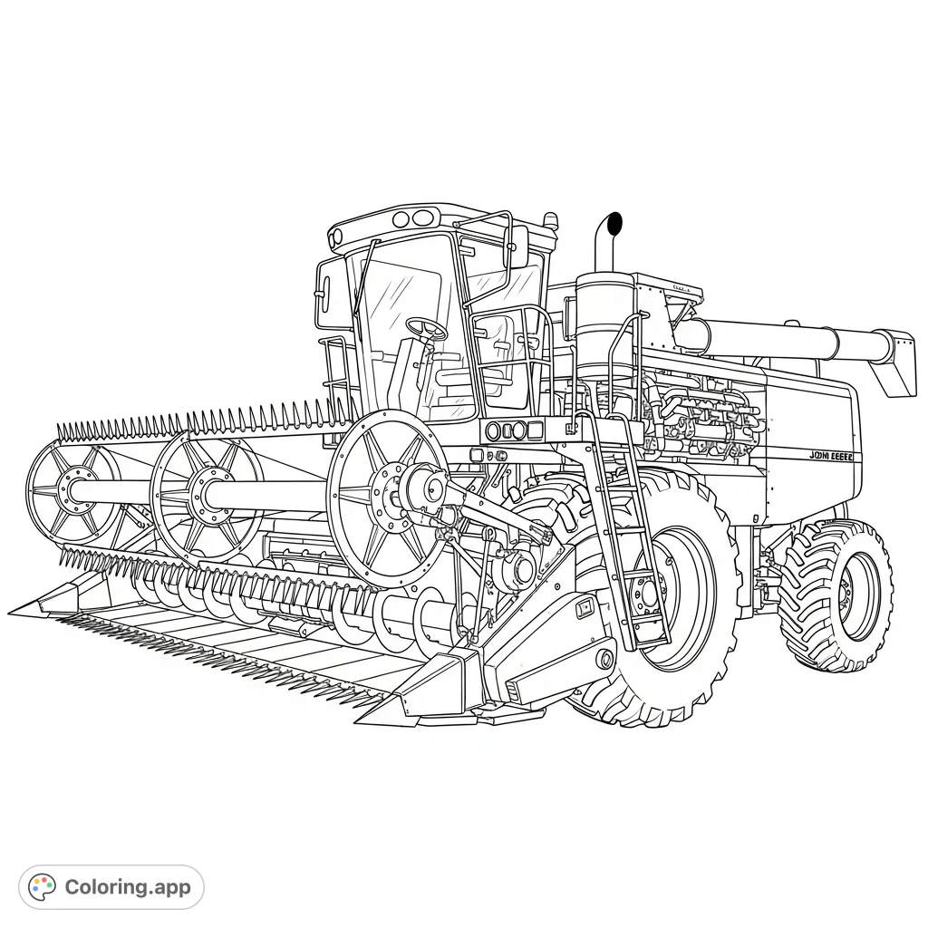 Color a detailed John Deere F9 chopper, a powerful agricultural machine with intricate mechanical parts and robust design, perfect for farming enthusiasts.