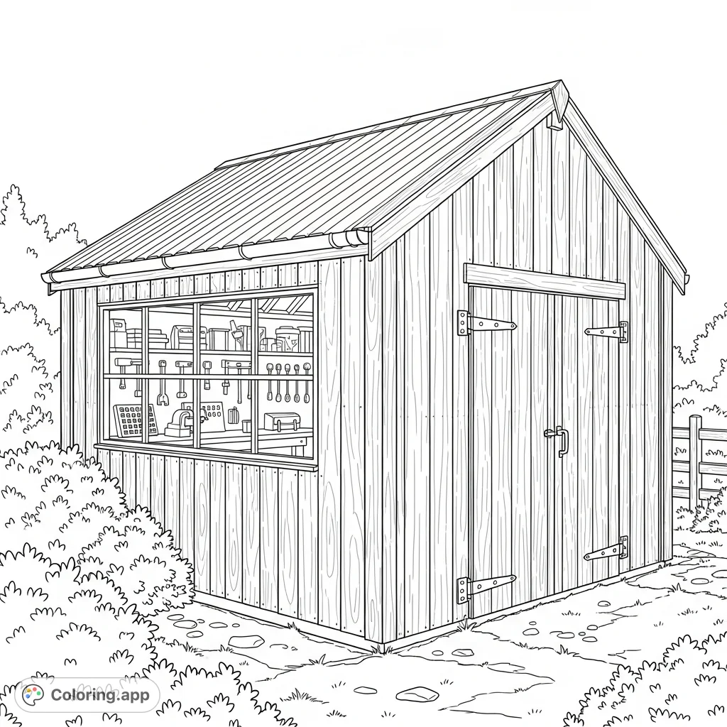 Discover a spacious, detailed manshed coloring page, ideal for adults. Features robust construction, a cozy interior hint, and a natural setting.