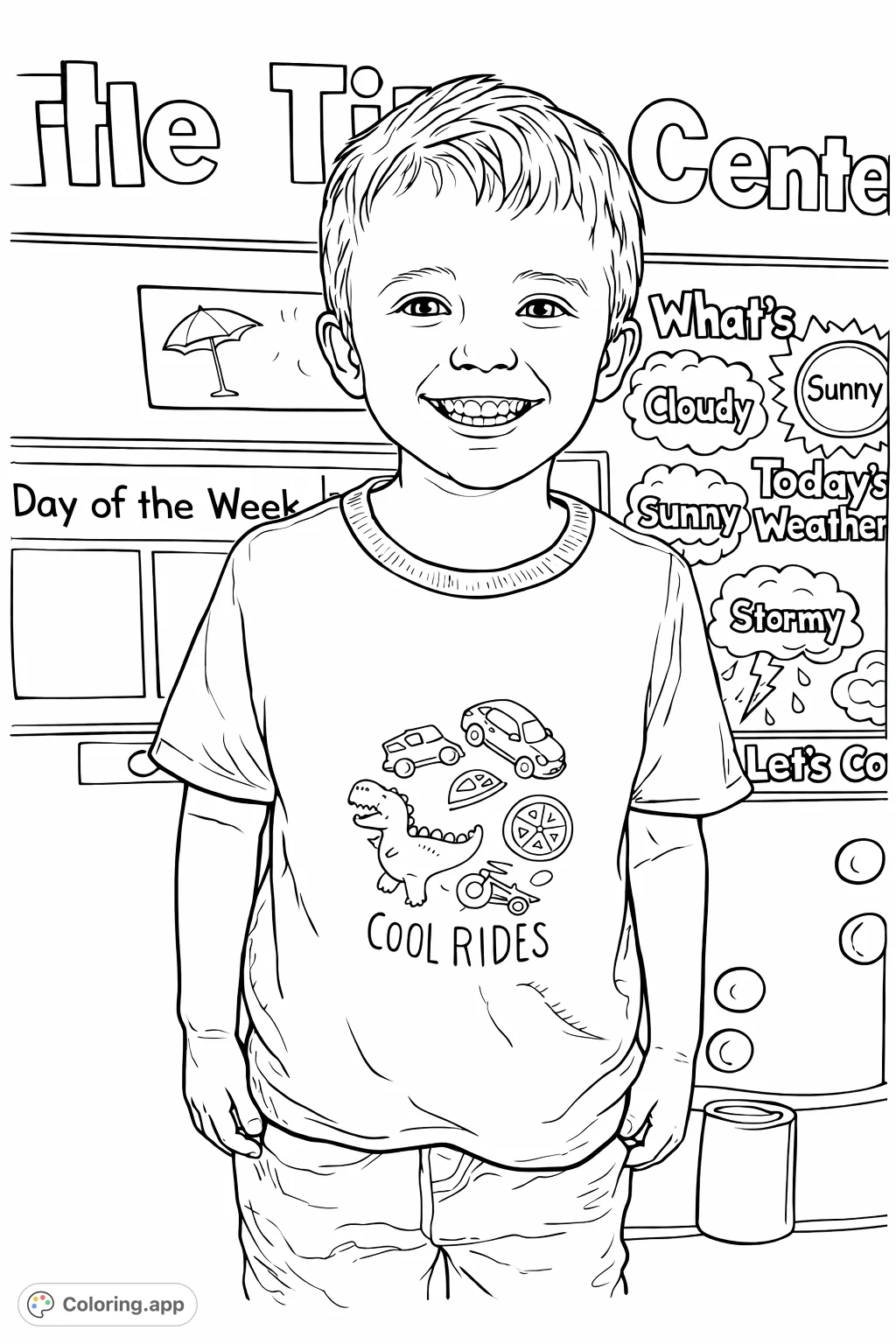 A cheerful child with a fun illustrated shirt stands before an engaging classroom board, perfect for a joyful coloring experience. This happy scene invites creativity.