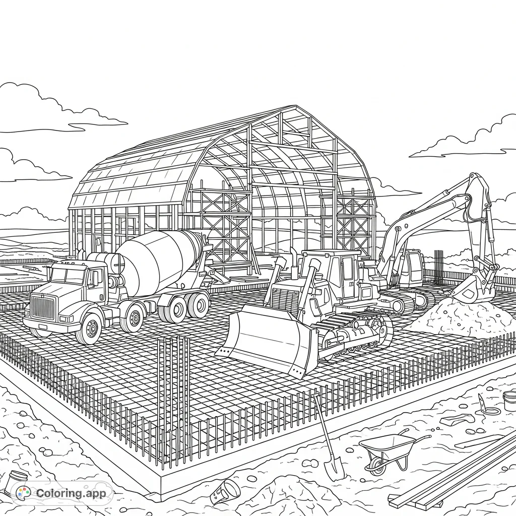 Explore a detailed barndominium construction coloring page, featuring heavy machinery, concrete work, and an emerging structural framework.