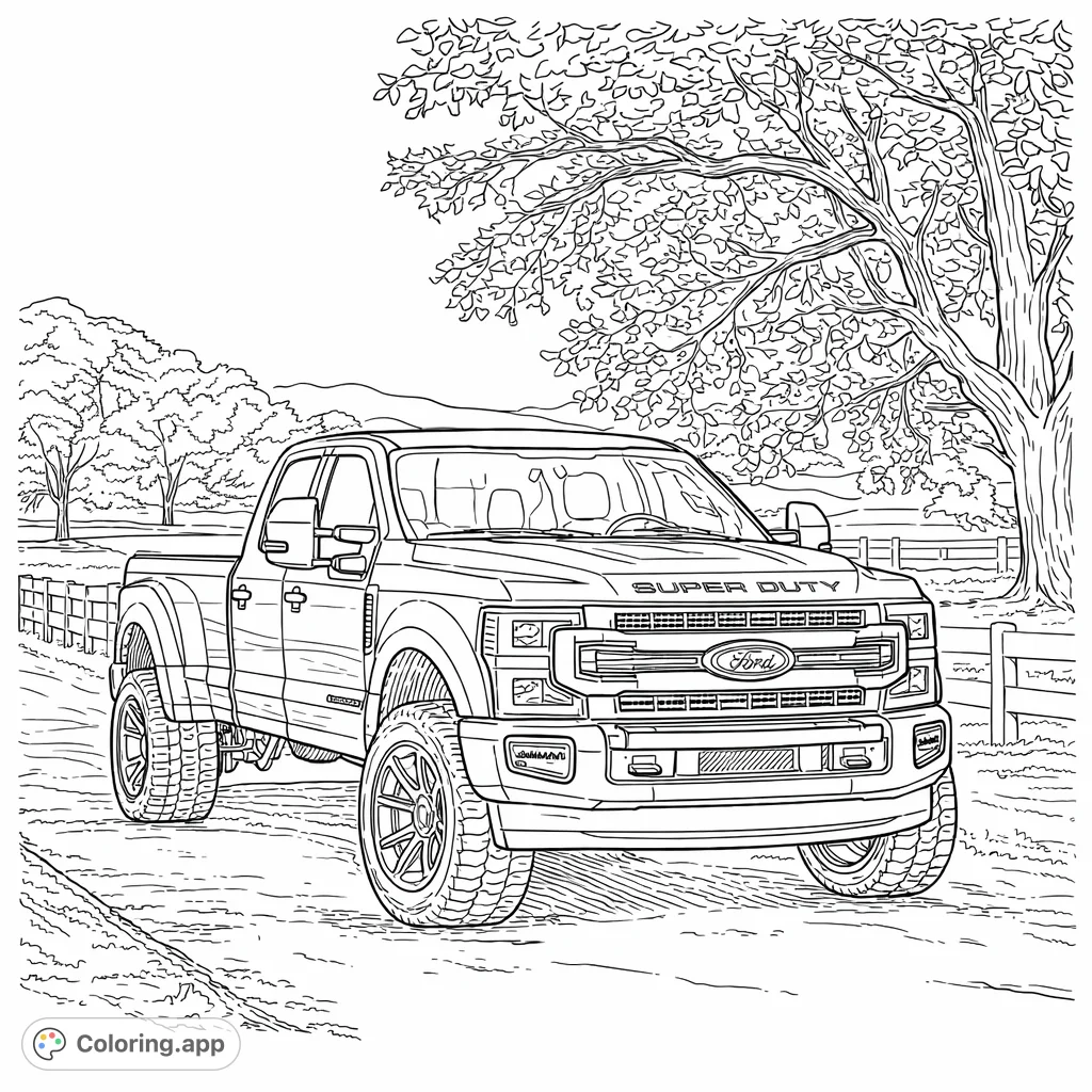 Color this imposing Super Duty pickup truck, showcasing its powerful design, prominent grille, and dually wheels against a scenic outdoor backdrop.