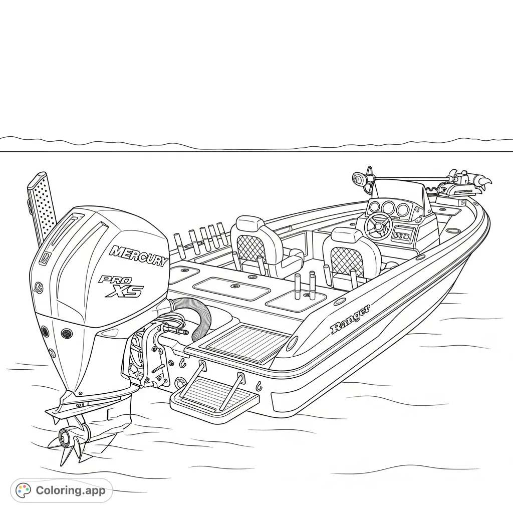 Explore a detailed Ranger fishing boat, complete with a Mercury Pro XS motor and bow-mounted trolling motor, ready for a day on the water. Perfect for fishing enthusiasts.