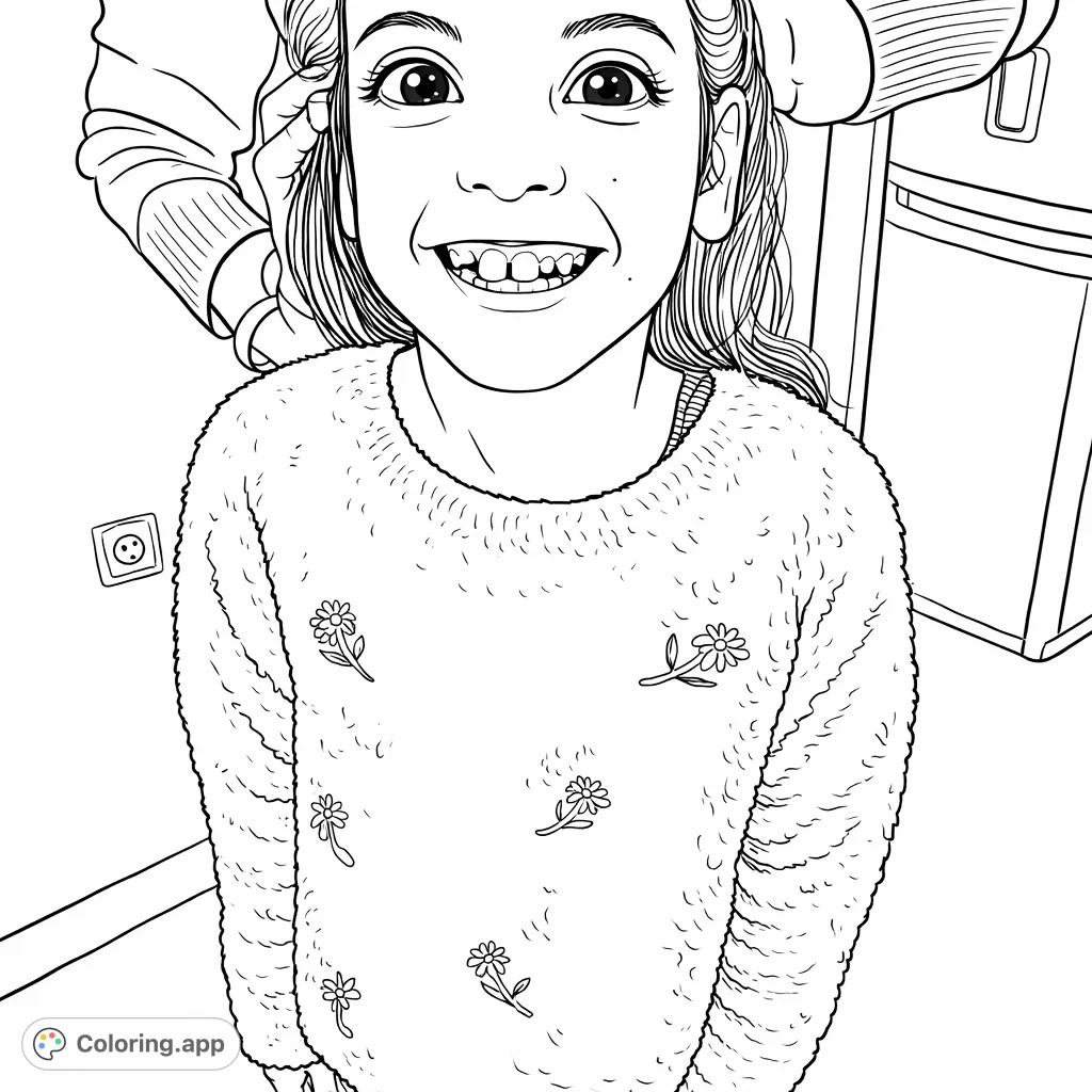 A charming coloring page of a young girl with a wide, happy smile showing her missing front teeth, wearing a cozy sweater with pretty floral patterns.