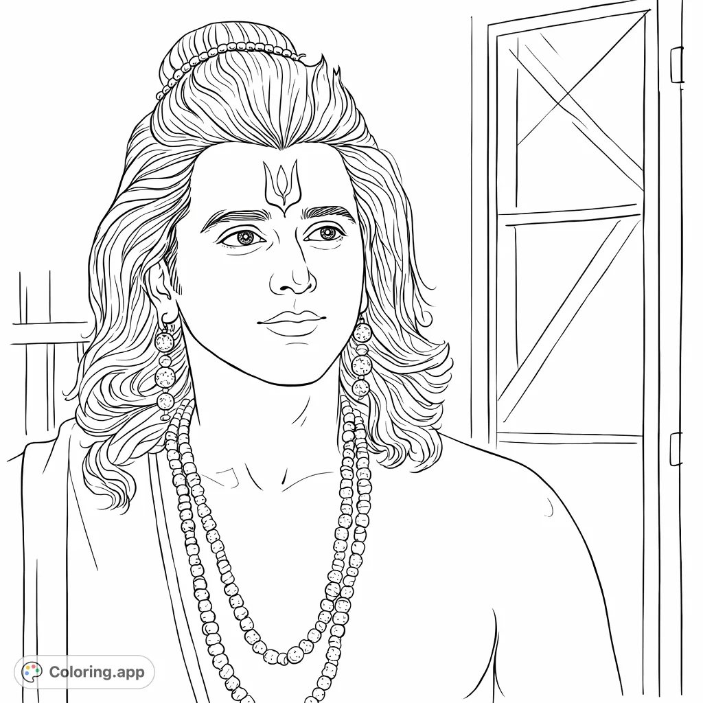 Capture the serene essence of an ancient divine figure. Features intricate jewelry, flowing hair, and a distinctive forehead mark, perfect for mindful coloring.