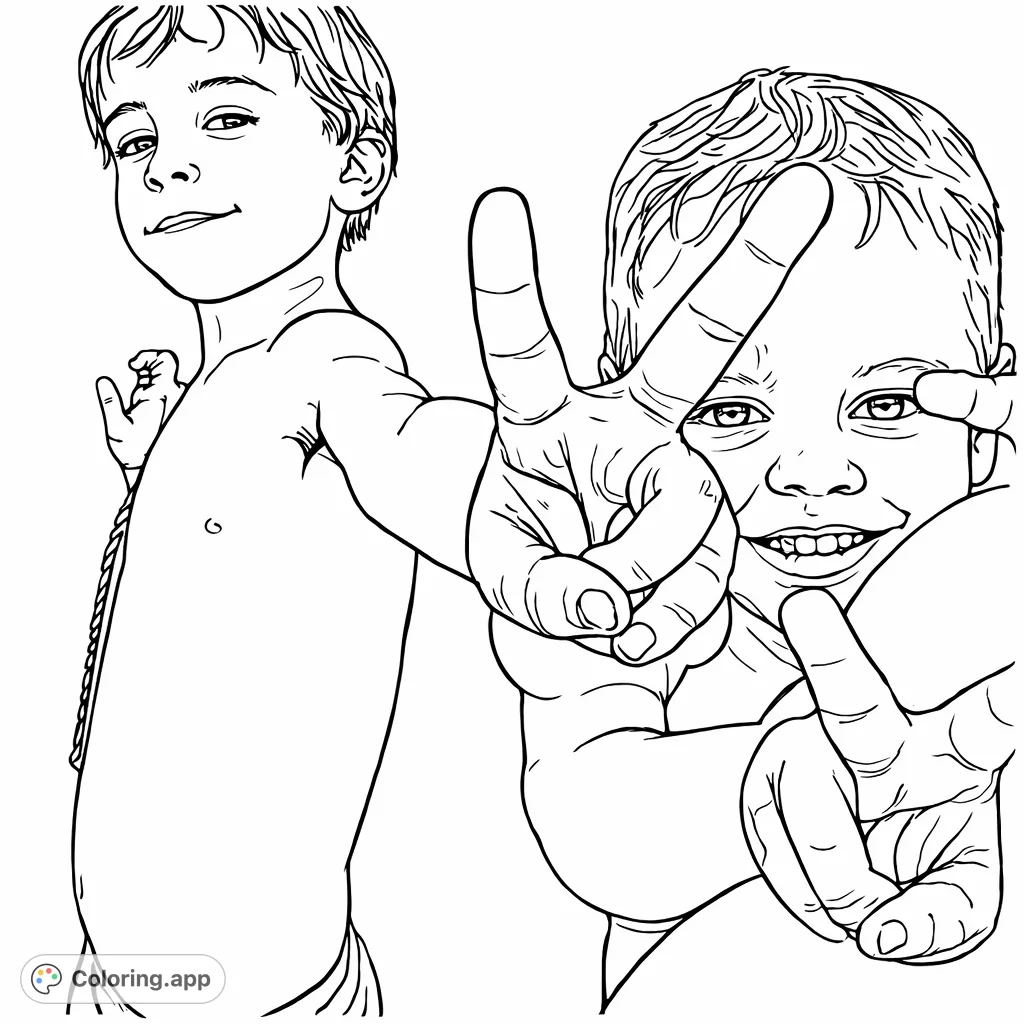 Two cheerful boys, one striking a pose and the other making playful peace signs, offer a delightful and simple scene for coloring enjoyment.