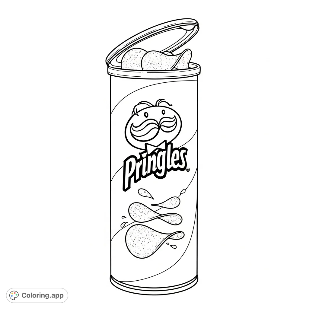 A fun and familiar Pringles can coloring page, perfect for snack lovers. Features the iconic can, lid, and famous mustache logo for creative coloring.