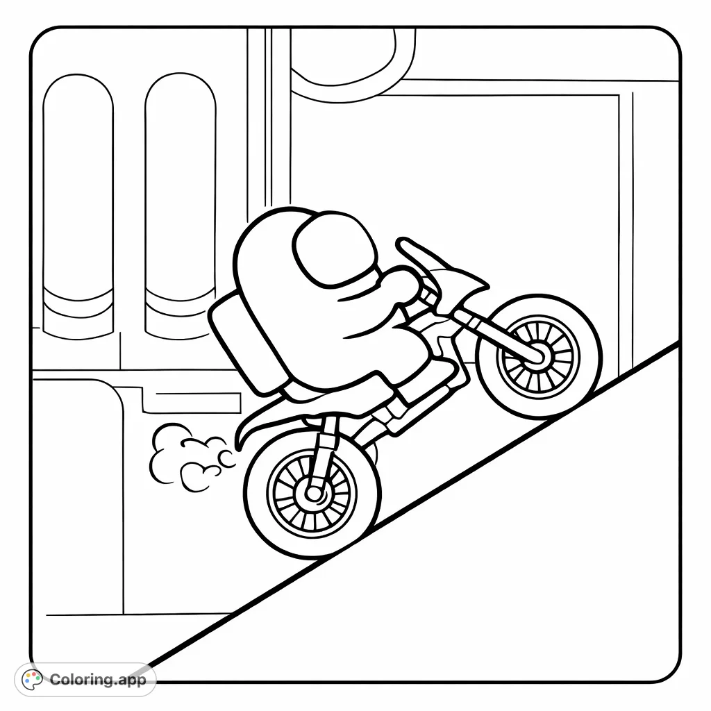 An adventurous crewmate-like character zips up a ramp on a motorcycle. A fun, free printable Among Us coloring page for vehicle and game fans.