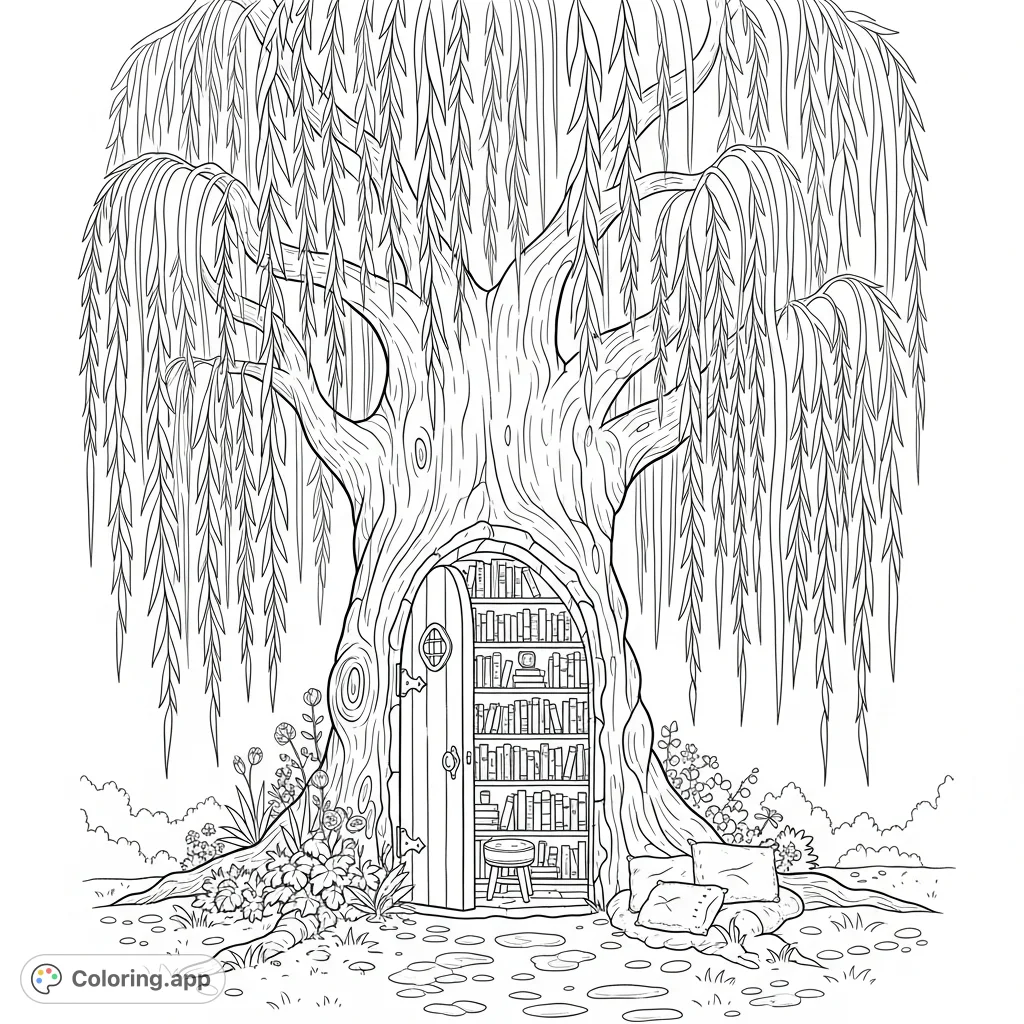 Discover a magical weeping willow tree with a secret library nestled in its trunk. An enchanting scene with cascading branches and shelves full of books.