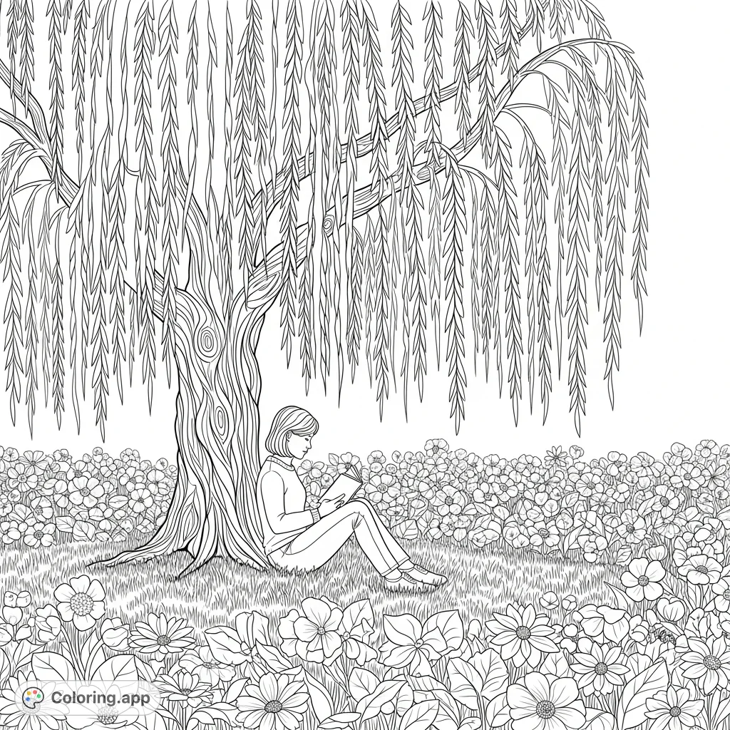 Discover tranquility with this free printable weeping willow tree coloring page. A person reads peacefully amidst a field of blooming flowers.
