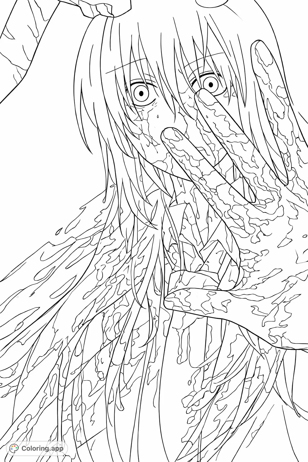 An anime-style character with intense eyes and long hair, partially obscured by a hand covered in dynamic, fluid splatters. A dramatic and mysterious piece.