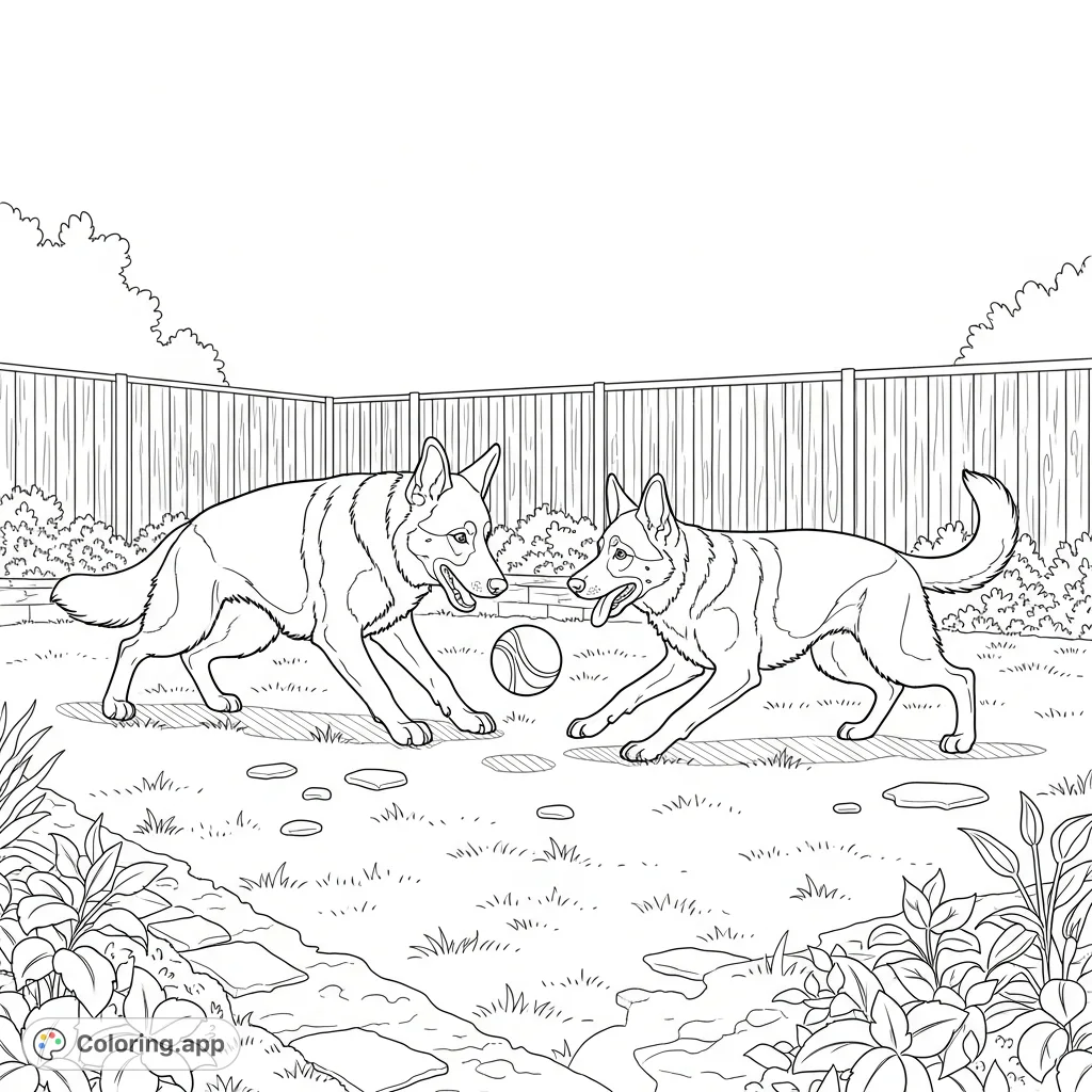 A lively scene featuring two German Shepherds joyfully playing with a ball in their backyard, full of energy and detailed textures for coloring enthusiasts.