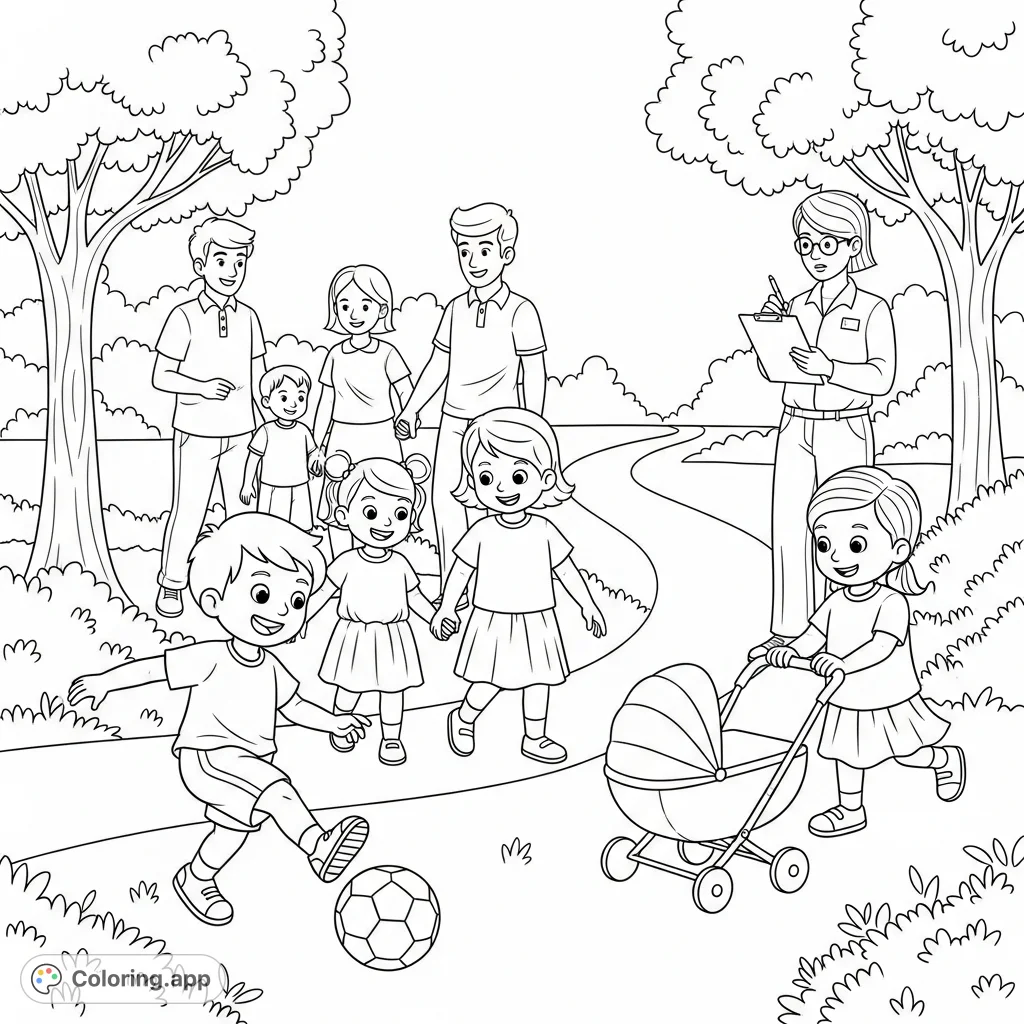 A heartwarming scene of active kids playing and walking with family, observed by a researcher. A free printable coloring page promoting health and wellness.