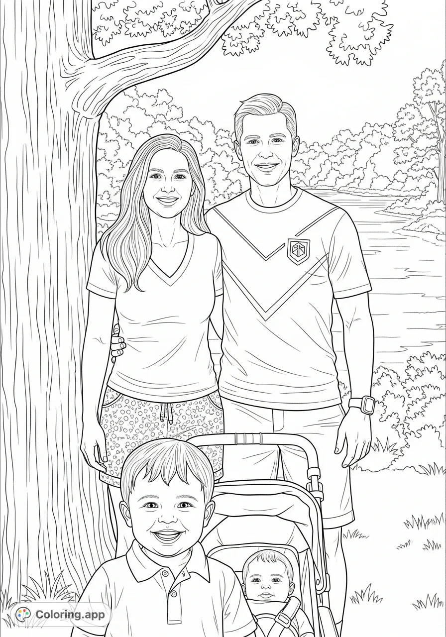 A heartwarming family portrait with two adults and two children enjoying an outdoor scene by a body of water, perfect for a personalized coloring experience.
