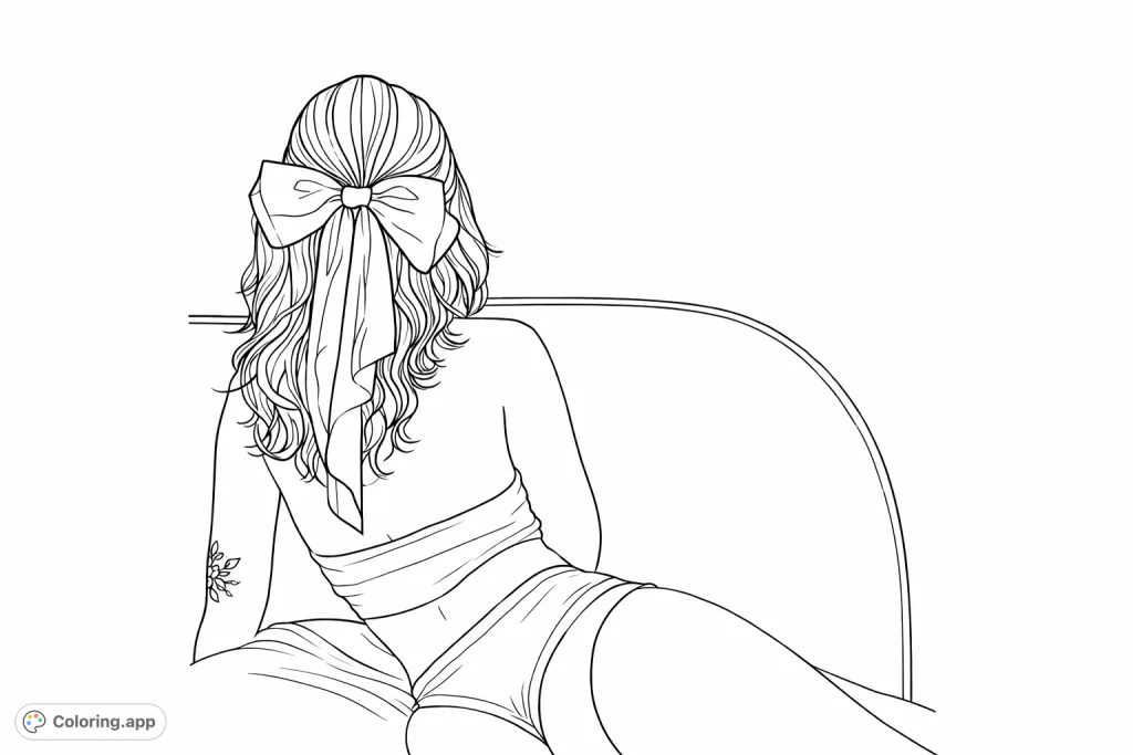 A serene coloring page featuring a person from behind, with flowing hair adorned by a large, elegant bow, seated in a tranquil bedroom setting.