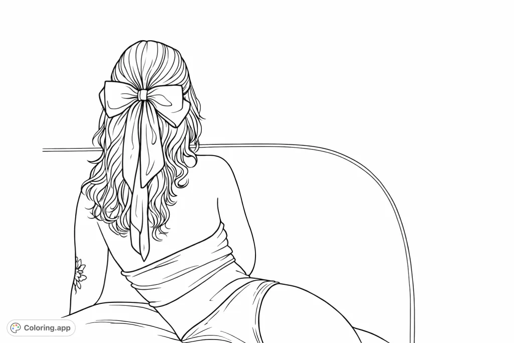 Discover a serene moment with this graceful adult coloring page. Featuring a figure from behind with a large hair bow, perfect for detailed shading and relaxation.
