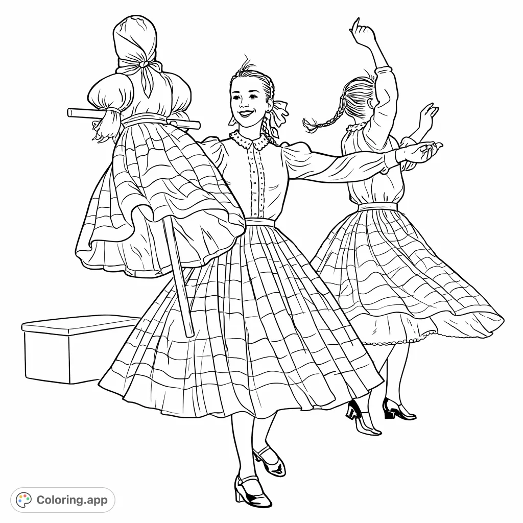 A charming scene of folk dancers on stage, one holding a unique doll, showcasing lively movement and traditional attire. Perfect for creative expression.