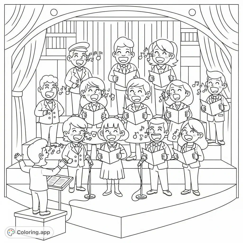 Join a lively cartoon choir on stage, singing with joy! This free printable coloring page is perfect for music lovers of all ages to customize.