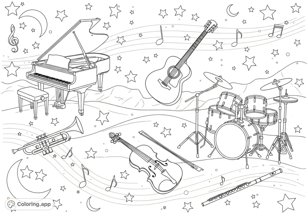 Musical Instruments Amidst Stars - Coloring.app