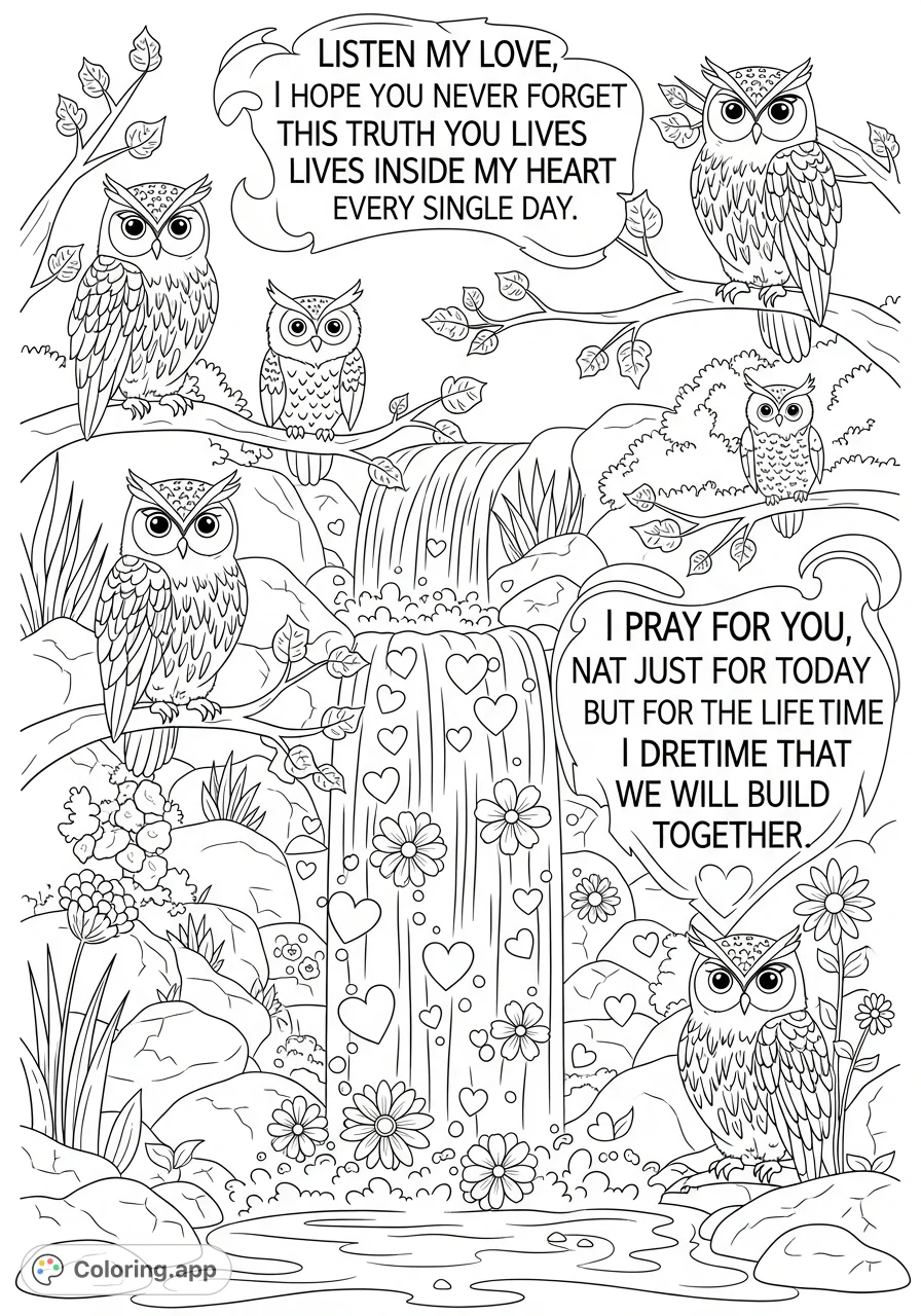 A beautiful coloring page featuring graceful owls, a cascading waterfall with flowers and hearts, and a touching message of enduring love and prayer.