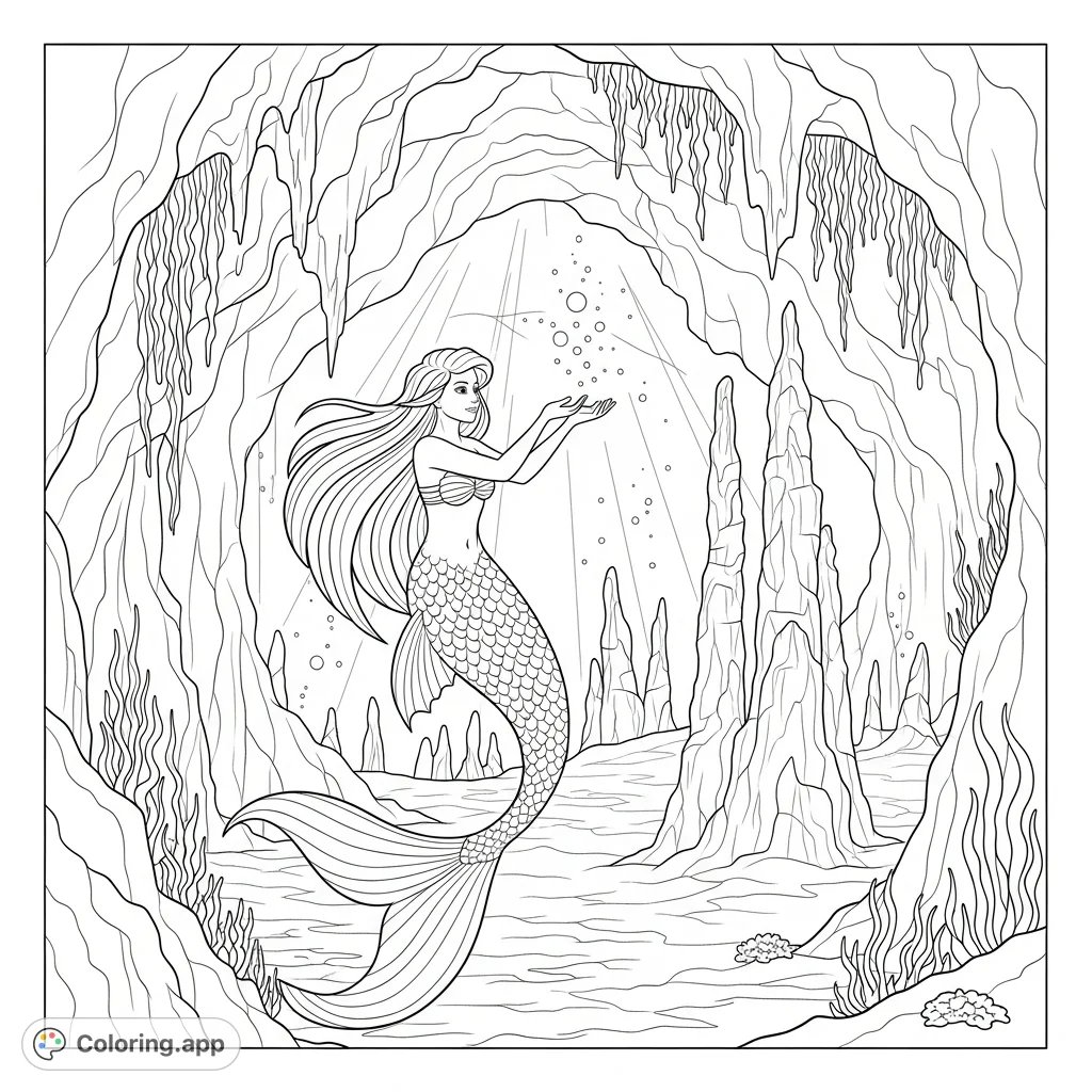 Explore a captivating deep-sea mermaid coloring page featuring a graceful mermaid amidst an ocean cave, illuminated by a mysterious glow. A free printable coloring page.