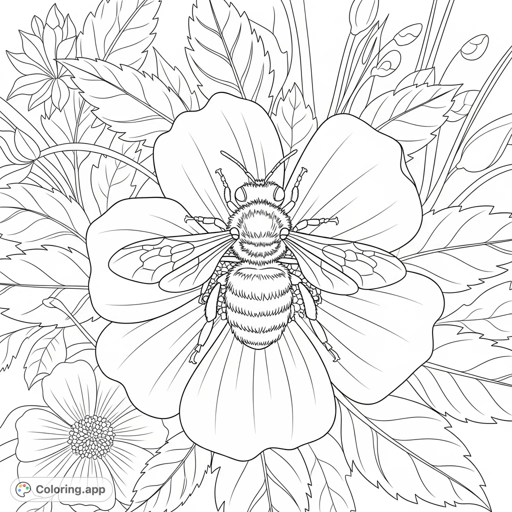 Discover a charming garden bee coloring page! A detailed bee rests on a beautiful flower amidst lush garden foliage.