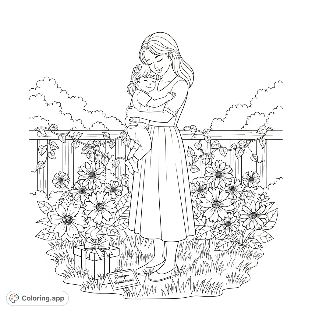 A beautiful Mother's Day coloring page featuring a mother and child sharing a tender embrace in a garden filled with flowers and gifts. A perfect way to celebrate!