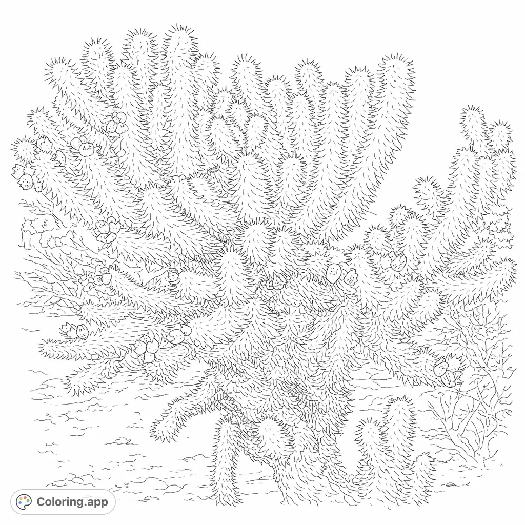 Explore the intricate details of a desert cactus, featuring numerous spiny segments and small buds, perfect for a relaxing botanical coloring experience.