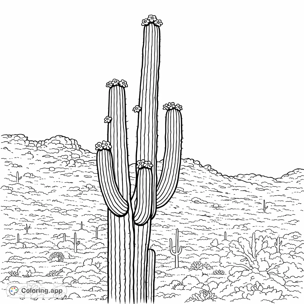 Color a towering saguaro cactus with delicate blossoms against a minimalist desert mountain backdrop. A bold, clean line art design for nature enthusiasts.