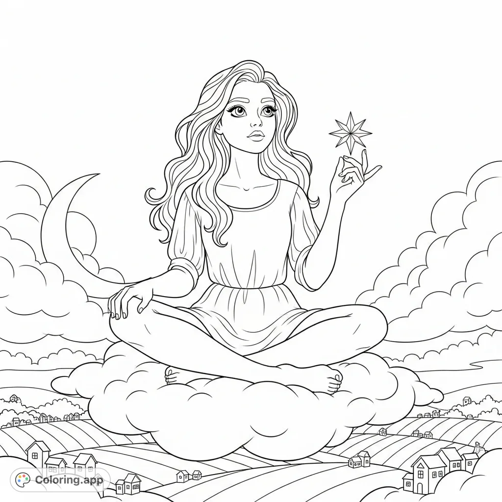 A young woman floats on a soft cloud, holding a tiny star, with a dreamy landscape and crescent moon below. A whimsical coloring page for creative minds.