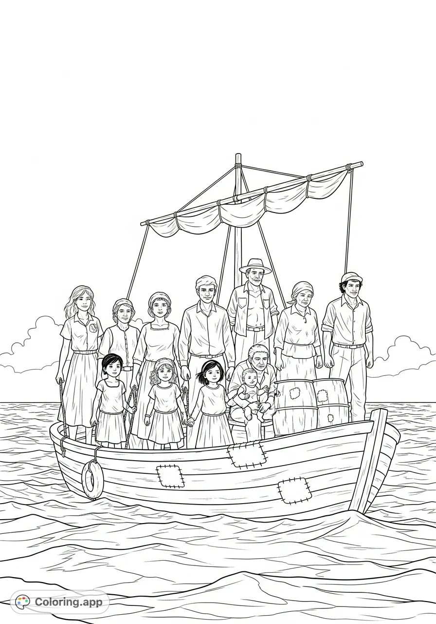 Depicts Isabel and her family on their homemade boat, adrift on the open sea. A poignant scene of perseverance and hope, perfect for reflection.