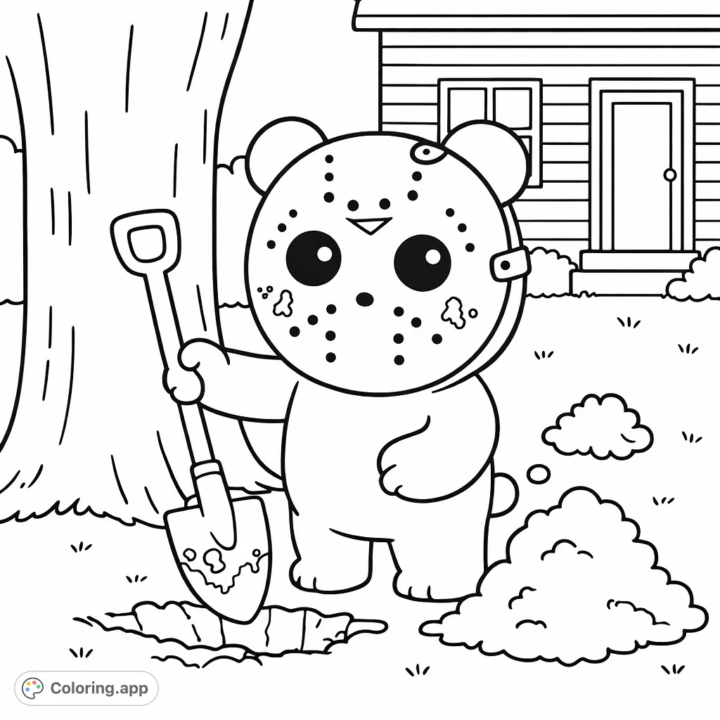 A charmingly sinister bear in a hockey mask holds a shovel next to a freshly dug hole, with a house and tree in a moonlit yard.