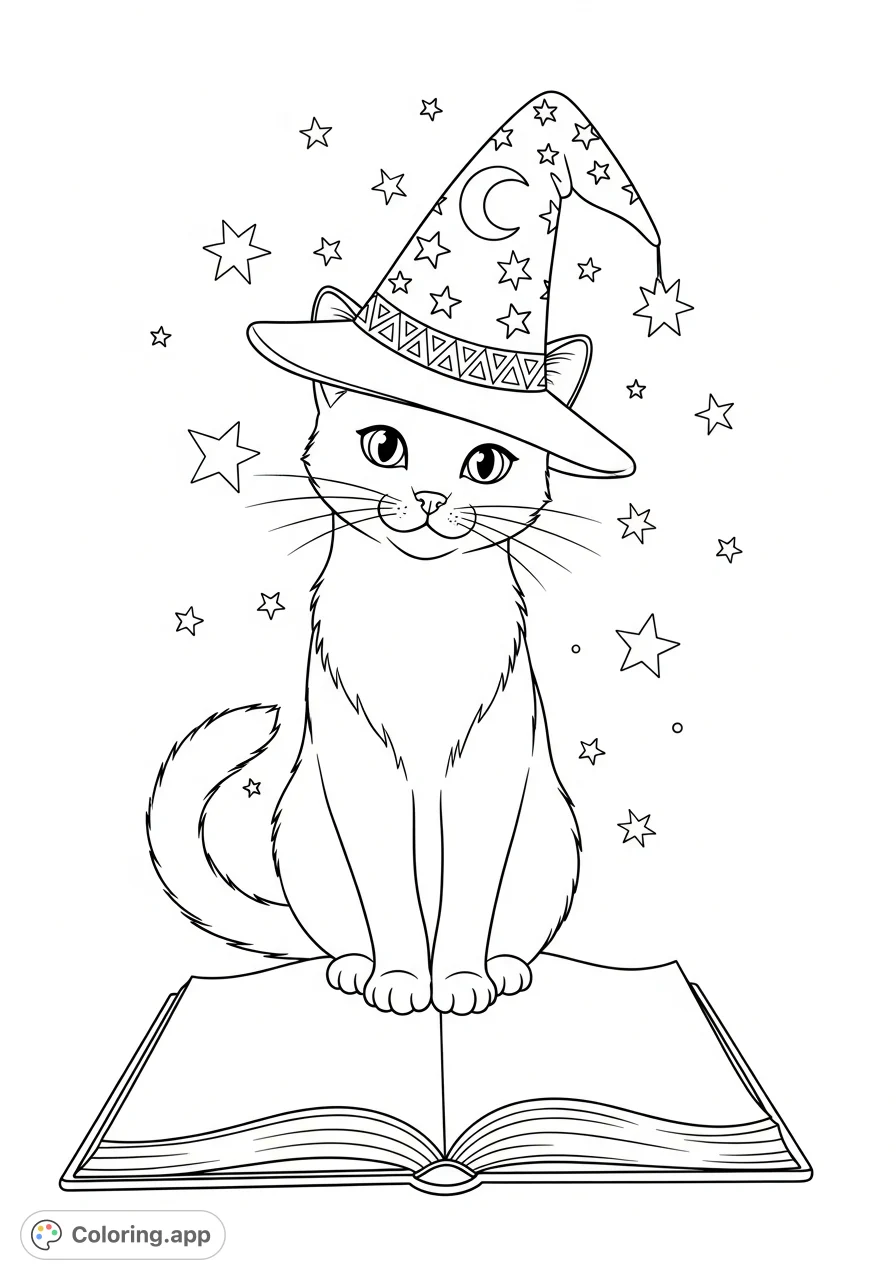 A magical cat, wearing a charming magician's hat, sits gracefully atop an open book, surrounded by twinkling stars. A whimsical scene for creative coloring.