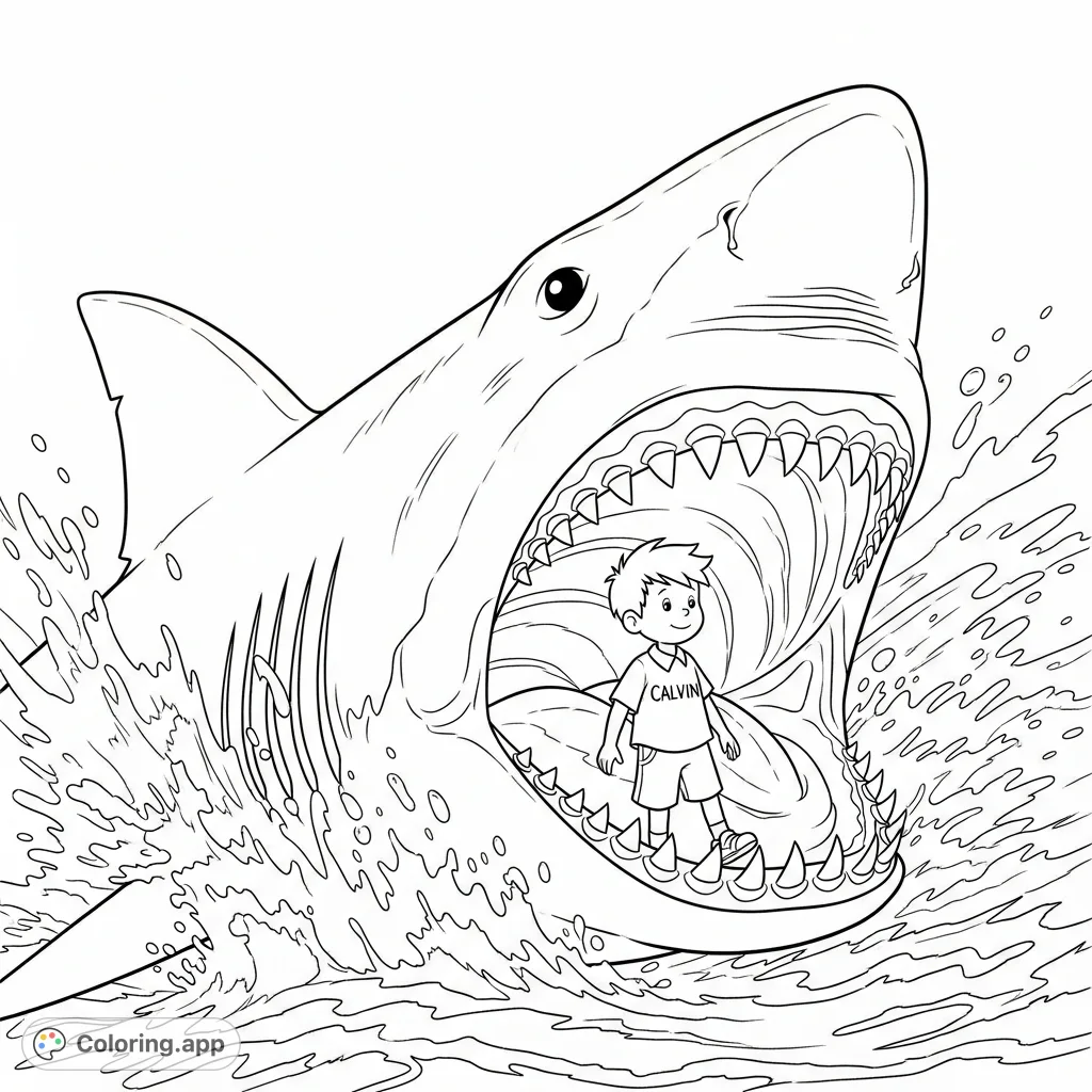 A fierce shark with gaping jaws enclosing a boy named Calvin. A dynamic and intense ocean scene with turbulent water.