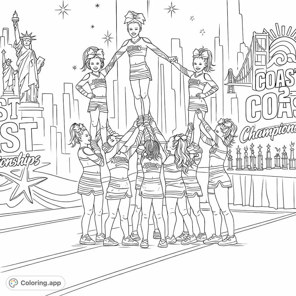 Capture the exhilarating energy of a cheerleading pyramid stunt featuring a team of young athletes in dynamic formation, set against a vibrant stage backdrop.