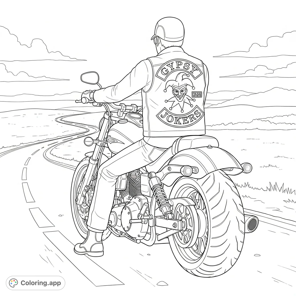 A detailed coloring page featuring a powerful motorcycle and a rider with the iconic Gypsy Jokers club patch, set against an open road backdrop. Perfect for enthusiasts.