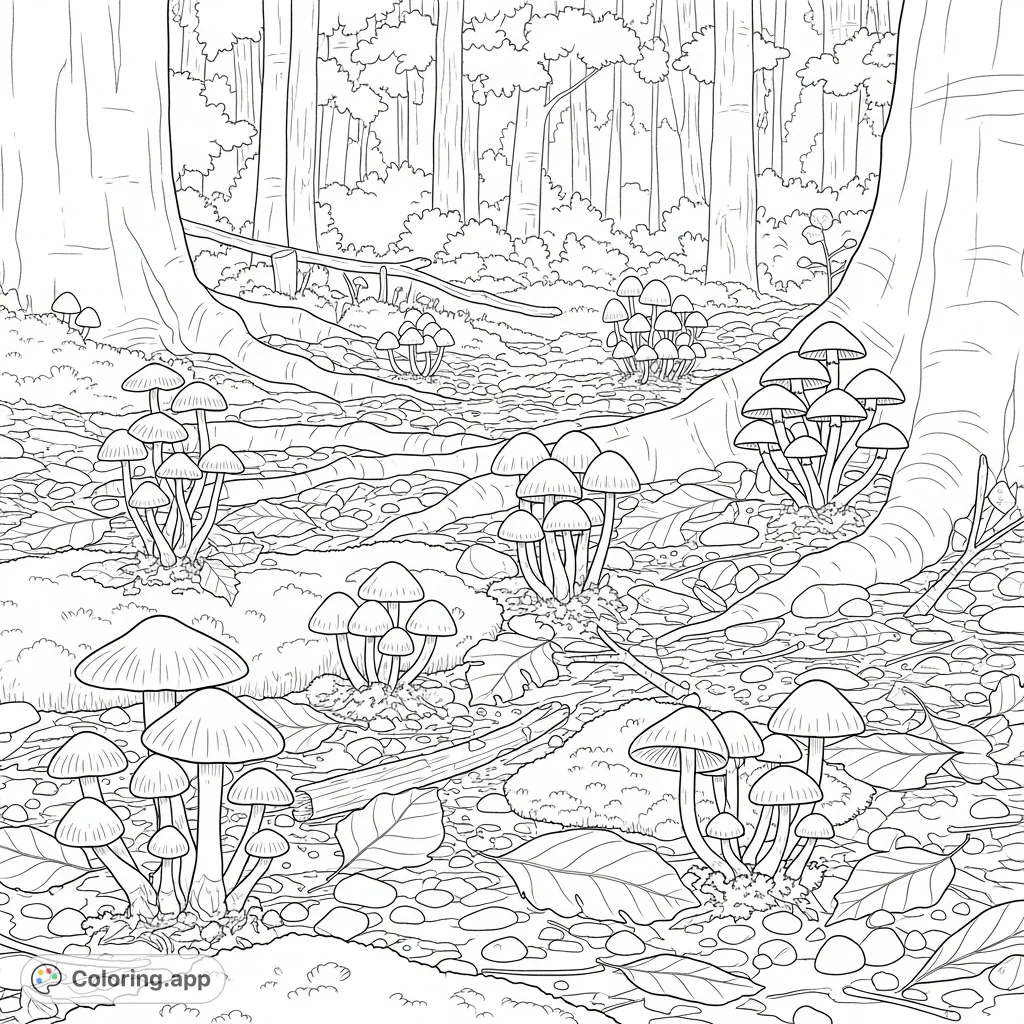 Explore a magical forest floor adorned with clusters of tiny mushrooms, perfect for a peaceful nature coloring page for kids and adults.