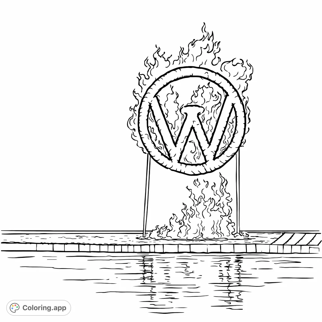 Color a dramatic scene featuring a fiery logo, its dynamic flames casting striking reflections on a serene water surface under a dark sky.