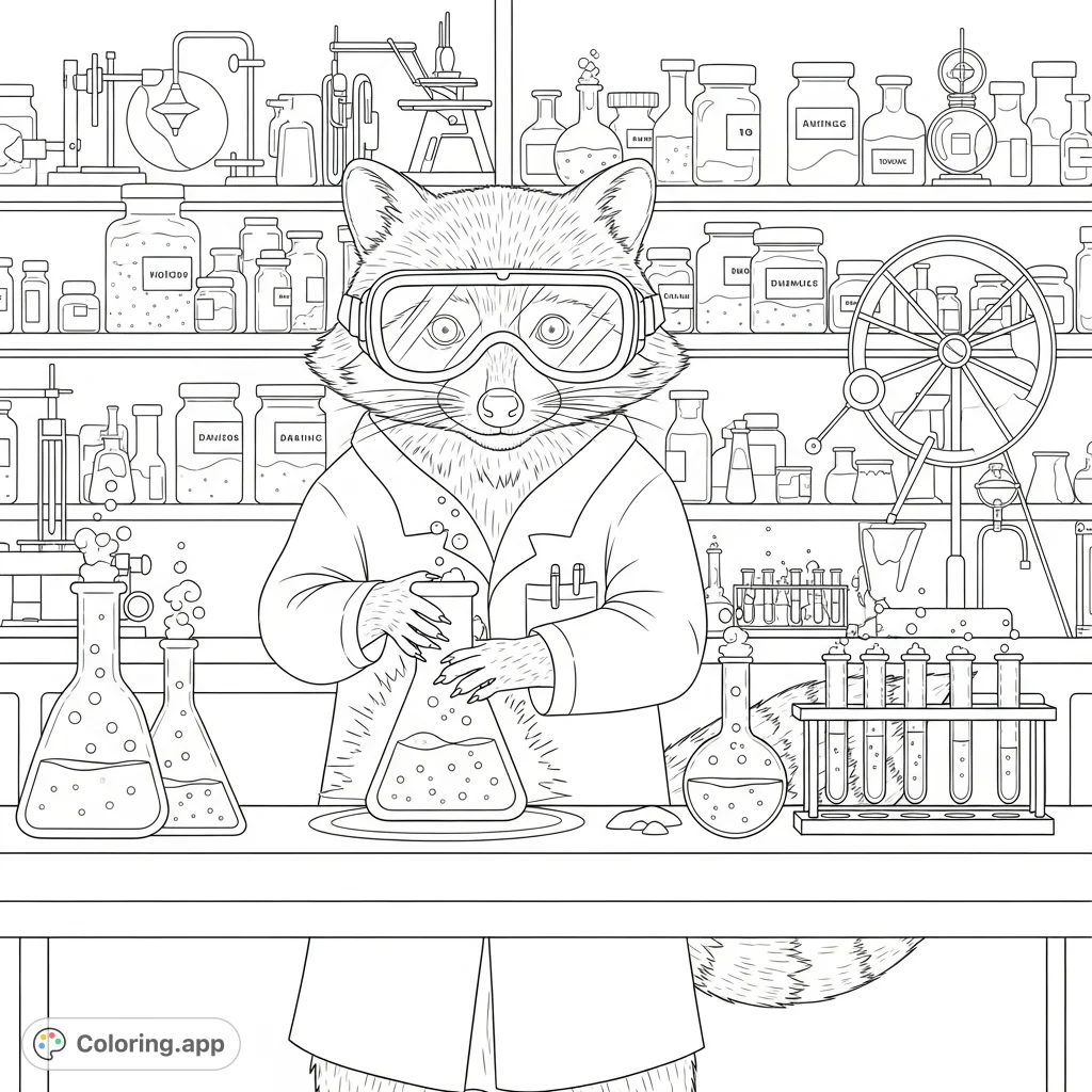 A brilliant raccoon scientist in a lab coat and oversized goggles conducts exciting experiments, manipulating glowing flasks amidst bubbling beakers and complex scientific instruments.