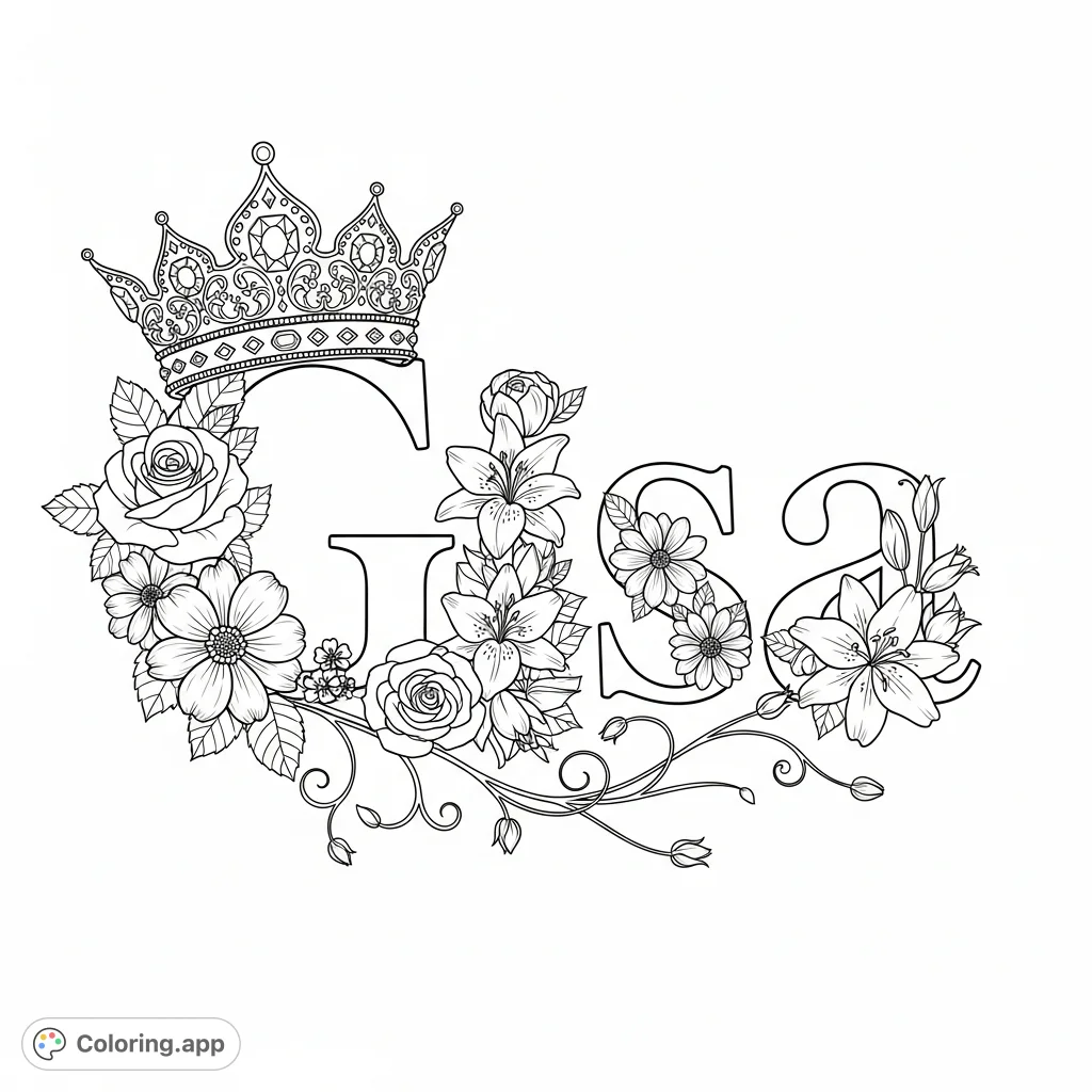 Discover an elegant Gisa name coloring page, featuring graceful lettering, a regal crown, and intricate floral patterns for a personalized artistic experience.