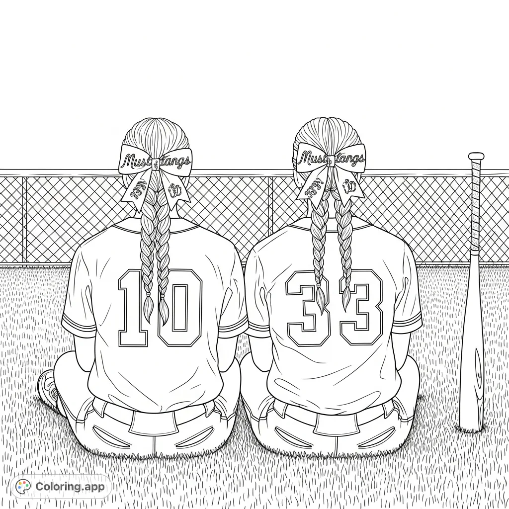 Two high school players with "Mustangs" bows and numbers 10 and 33, seated on a textured grassy field near a chain-link fence and baseball bat.