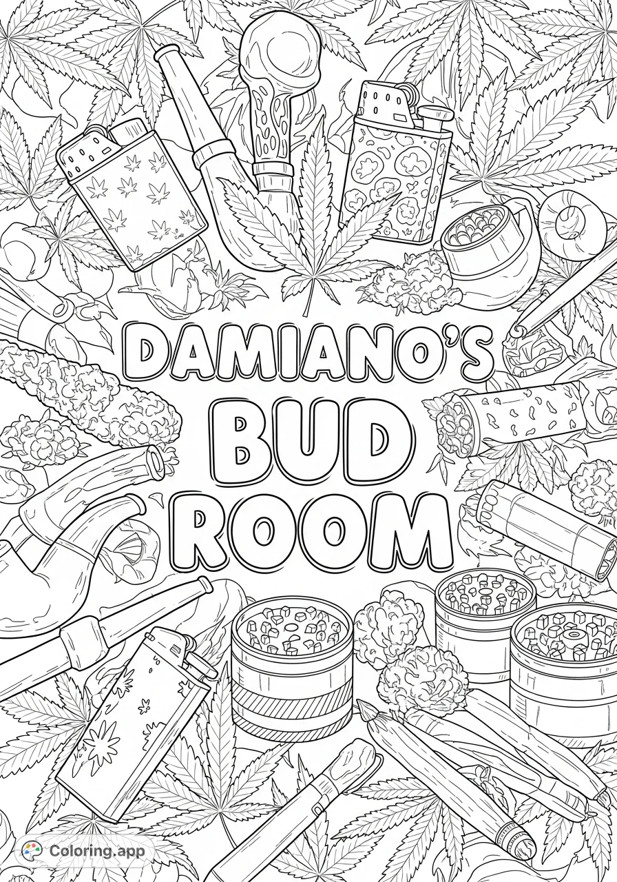 Explore Damiano's ultimate bud room featuring playful bubble text, various cannabis accessories, and abundant marijuana leaves for a relaxing adult coloring experience.