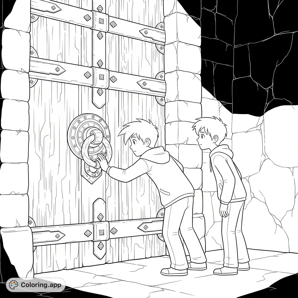 Join Danny and Ian as they stand before a colossal, mysterious door in a shadowy realm. A thrilling adventure free printable coloring page for kids and adults to explore.