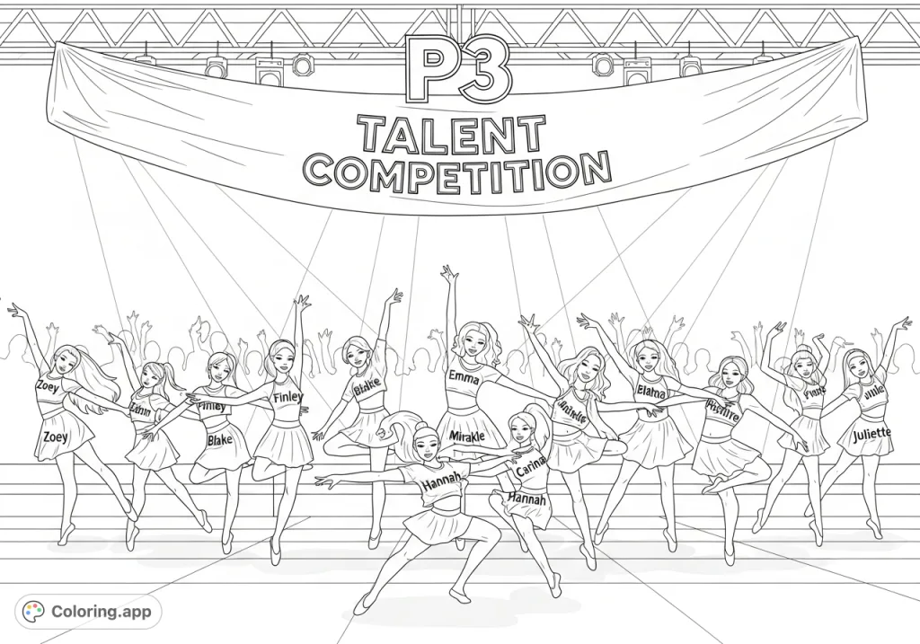 An energetic P3 Talent Competition coloring page featuring eleven named girls in dynamic dance poses on a stage, cheered by an audience.