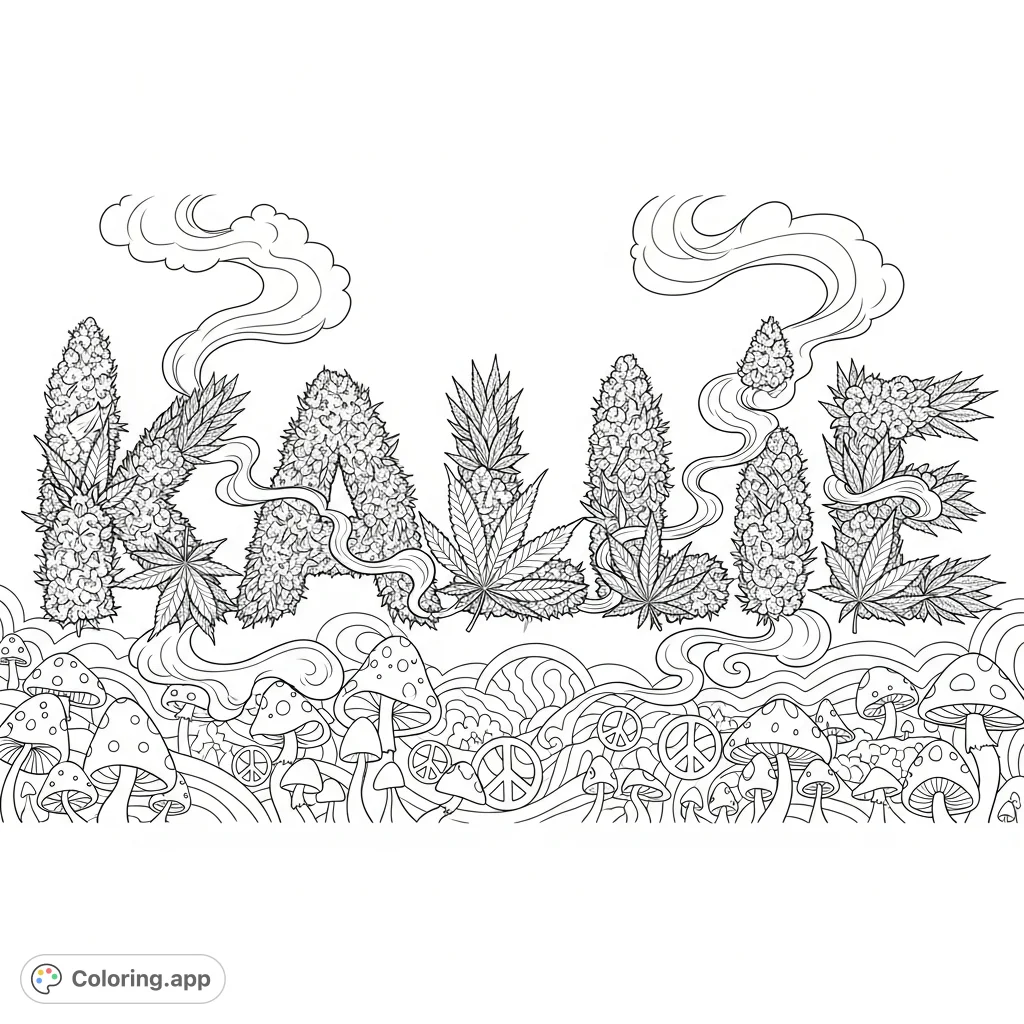Intricate 'Kallie' name crafted from cannabis leaves and buds, enveloped by smoke, set against a vibrant psychedelic background with mushrooms and peace signs.