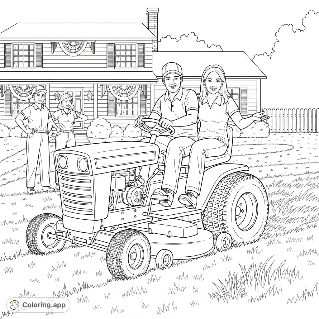 A lively Fourth of July scene featuring two friends on a riding lawnmower, cheered on by two observers. Perfect for celebrating summer and community spirit.