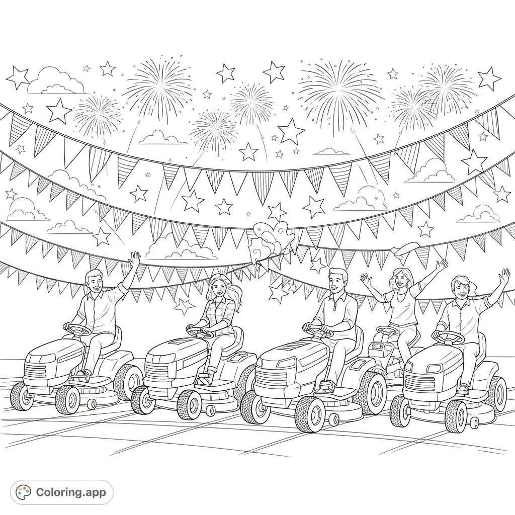 Celebrate Independence Day with this fun coloring page featuring two guys and two girls each riding their own lawnmowers in a festive parade setting.
