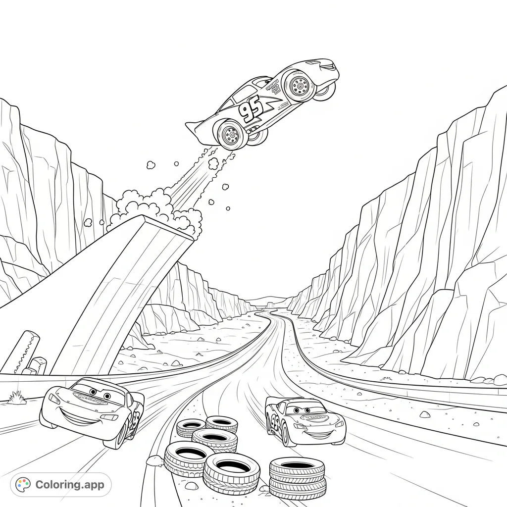 Witness Lightning McQueen mid-air, executing a barrel roll off a massive ramp, with rival cars below on a desert track. A dynamic, thrilling race scene.