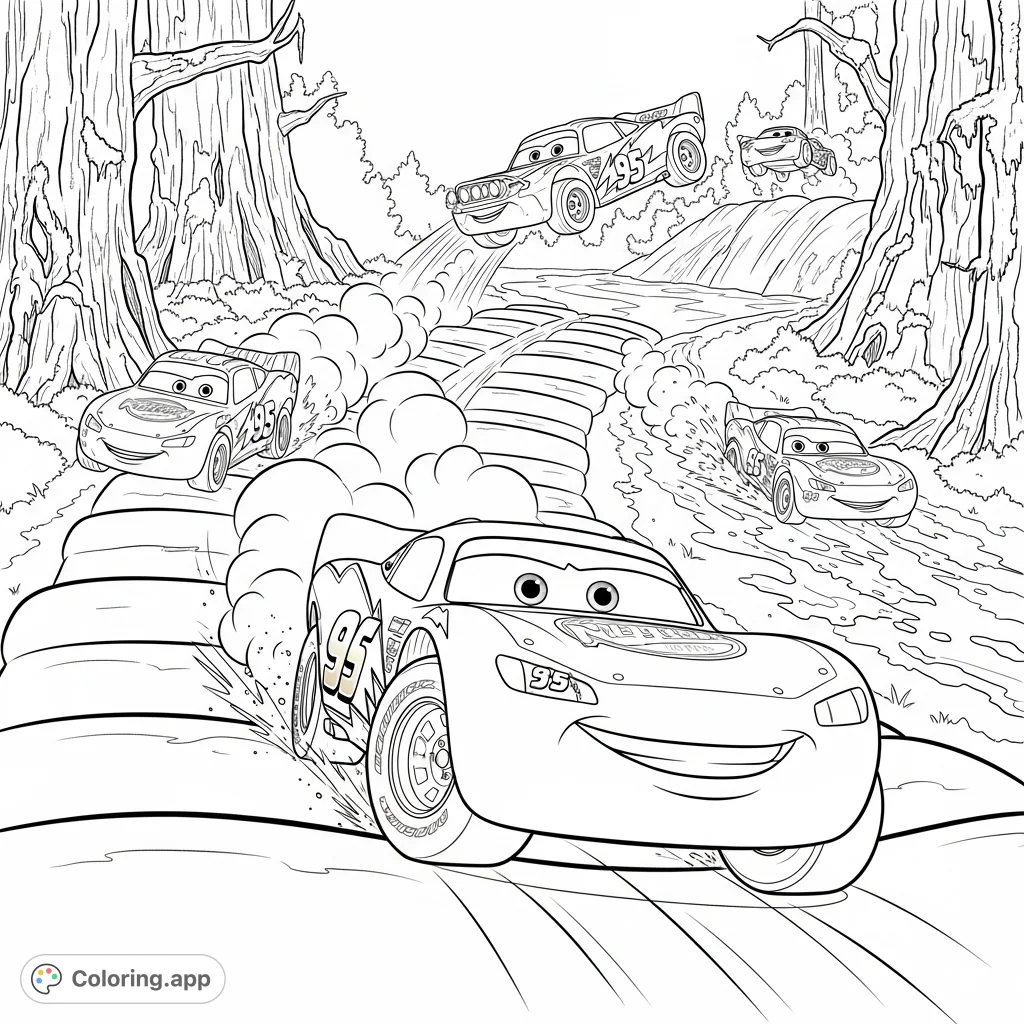 Experience high-octane racing with this Lightning McQueen coloring page! Featuring airborne jumps, dust clouds, and competitor cars in a thrilling off-road rally.