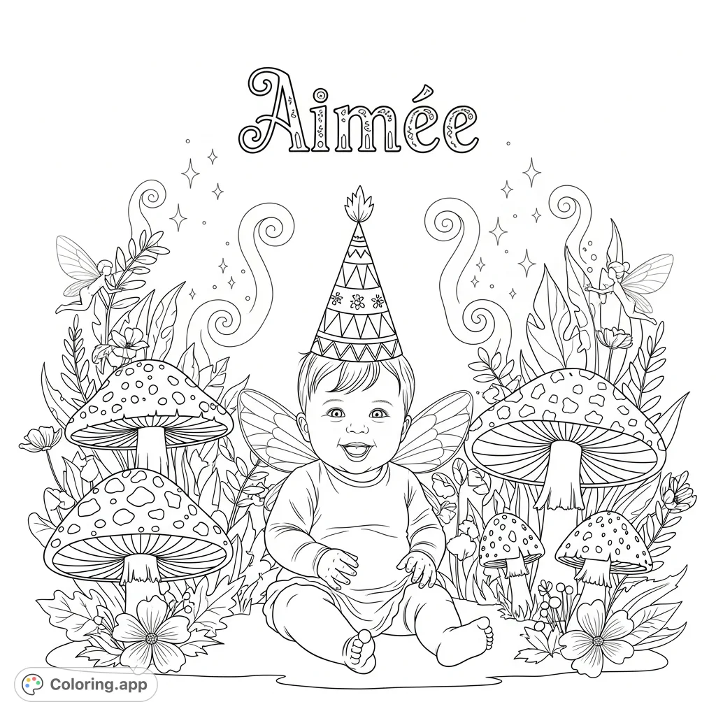 A charming fairy-themed coloring page featuring baby Aimee in a birthday hat amidst whimsical foliage and magical elements, perfect for celebrating a special day.